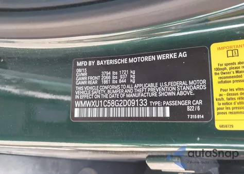 2016 Mini Hardtop Cooper z USA, uszkodzony, nr VIN WMWXU1C58G2D09133